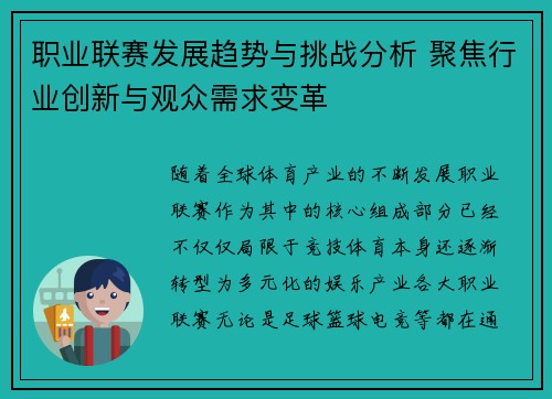 职业联赛发展趋势与挑战分析 聚焦行业创新与观众需求变革