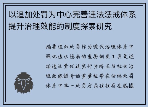 以追加处罚为中心完善违法惩戒体系提升治理效能的制度探索研究